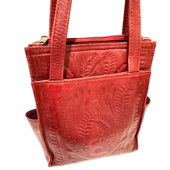 Handmade Leather Handbags - Vintage Boho Handtooled Genuine Leather Red Shoulder Bag Hippie Purse